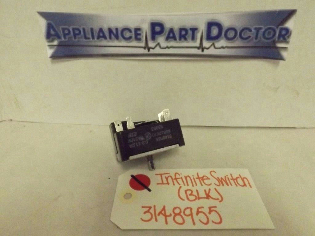WHIRLPOOL STOVE 3148955 INFINITE SWITCH (BLK) 8.9-11.0A 240V USED WHIRLPOOL STOVE 3148955 INFINITE SWITCH (BLK) 8.9-11.0A 240V USED
